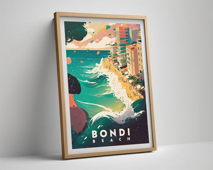 Framed Bondi Beach Sydney Travel Poster in Portrait orientation, minimal background, close up wall art print 4