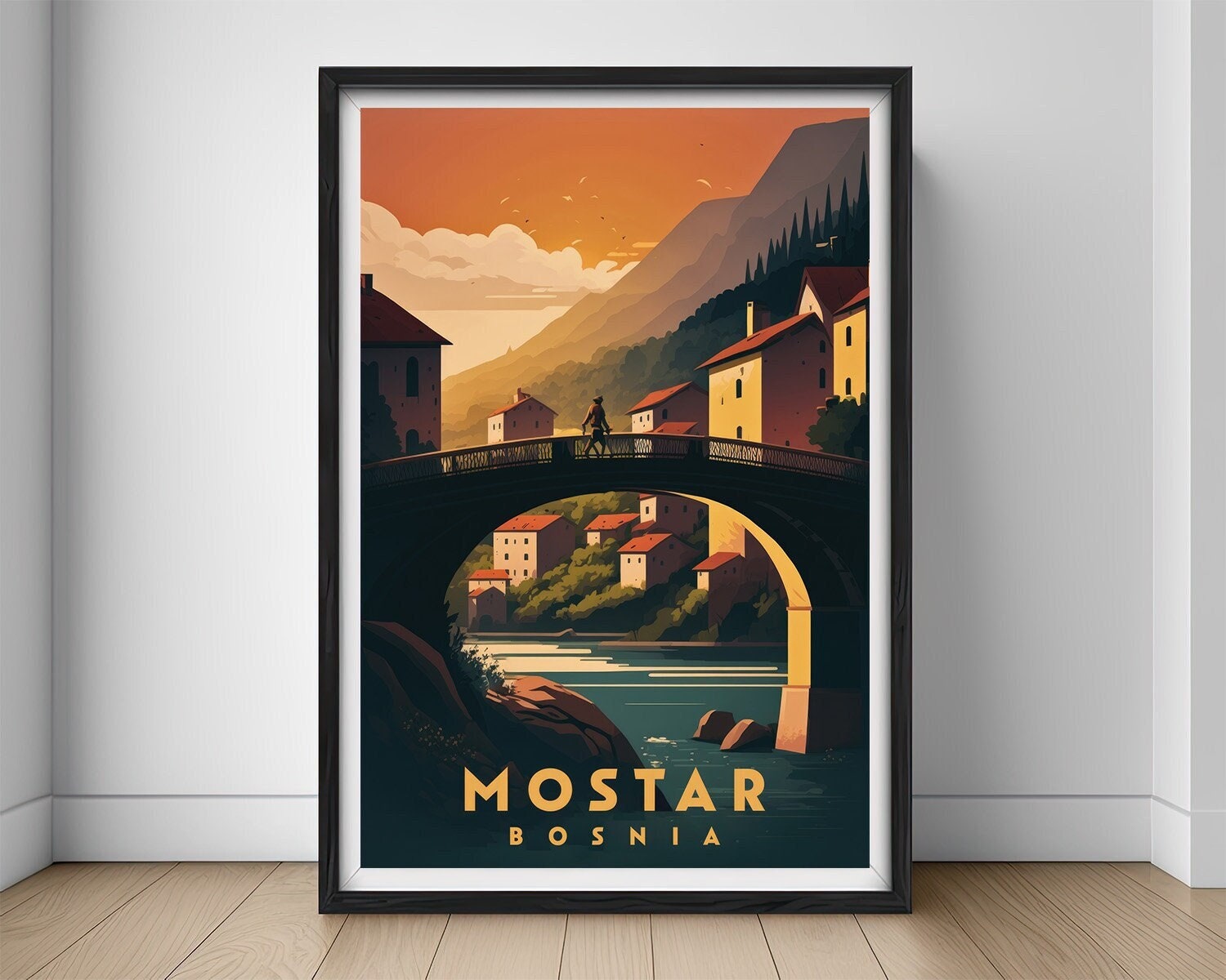 Framed Bosnia Mostar Travel Poster in Portrait orientation, minimal background, close up wall art print 1