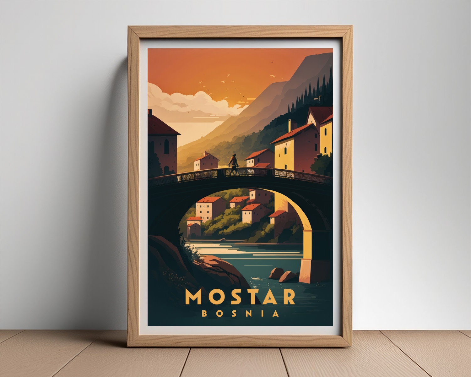 Framed Bosnia Mostar Travel Poster in Portrait orientation, minimal background, close up wall art print 2