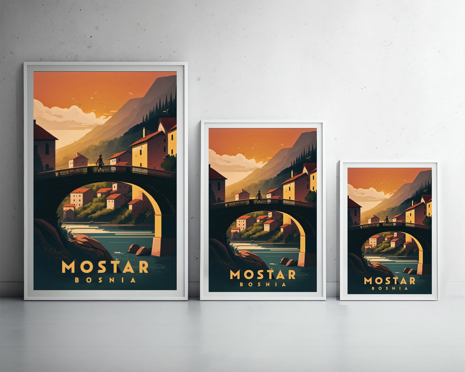 Framed Bosnia Mostar Travel Poster in Portrait orientation, minimal background, close up wall art print 3