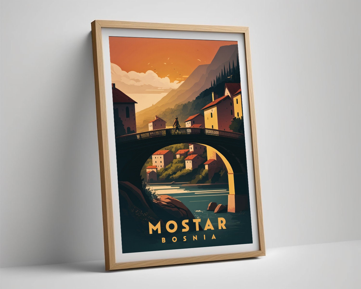 Framed Bosnia Mostar Travel Poster in Portrait orientation, minimal background, close up wall art print 4