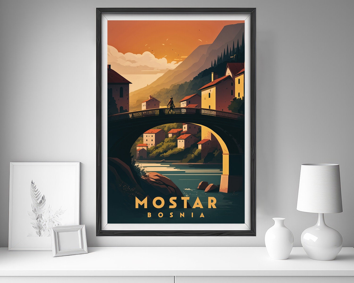 Framed Bosnia Mostar Travel Poster in Portrait orientation, minimal background, close up wall art print 5