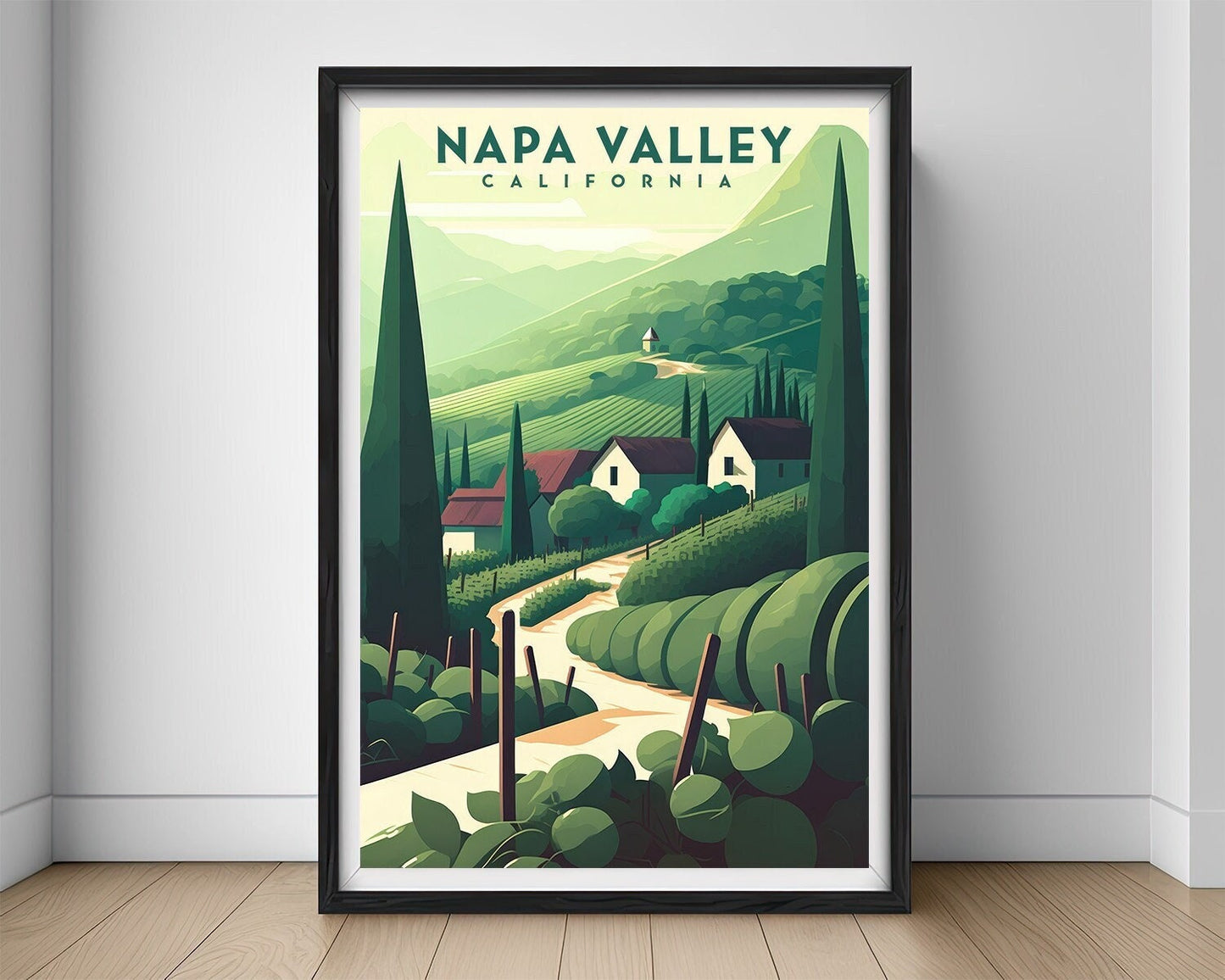 Framed California Napa Valley Travel Poster in Portrait orientation, minimal background, close up wall art print 1