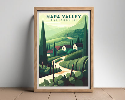 Framed California Napa Valley Travel Poster in Portrait orientation, minimal background, close up wall art print 2