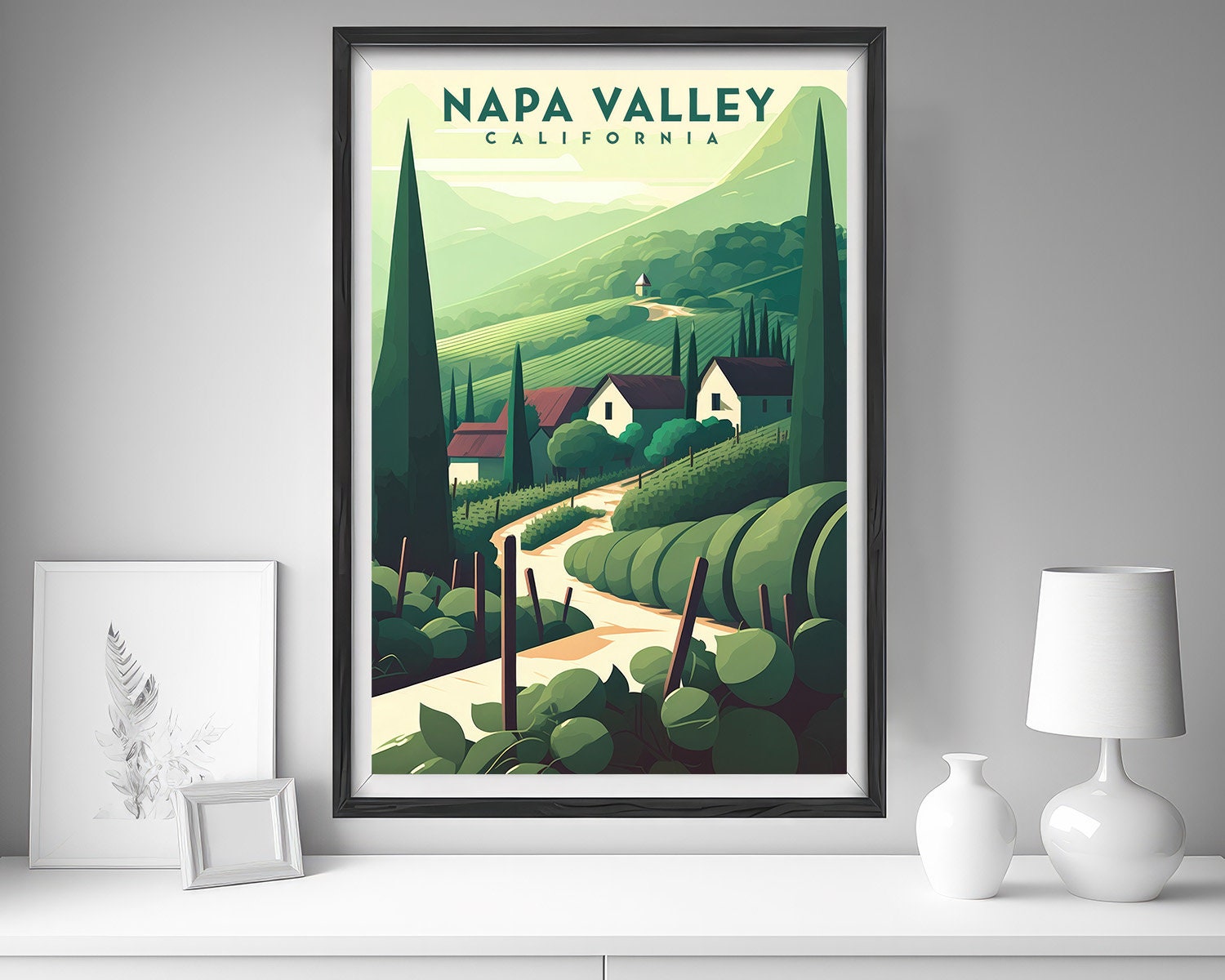 Framed California Napa Valley Travel Poster in Portrait orientation, minimal background, close up wall art print 5