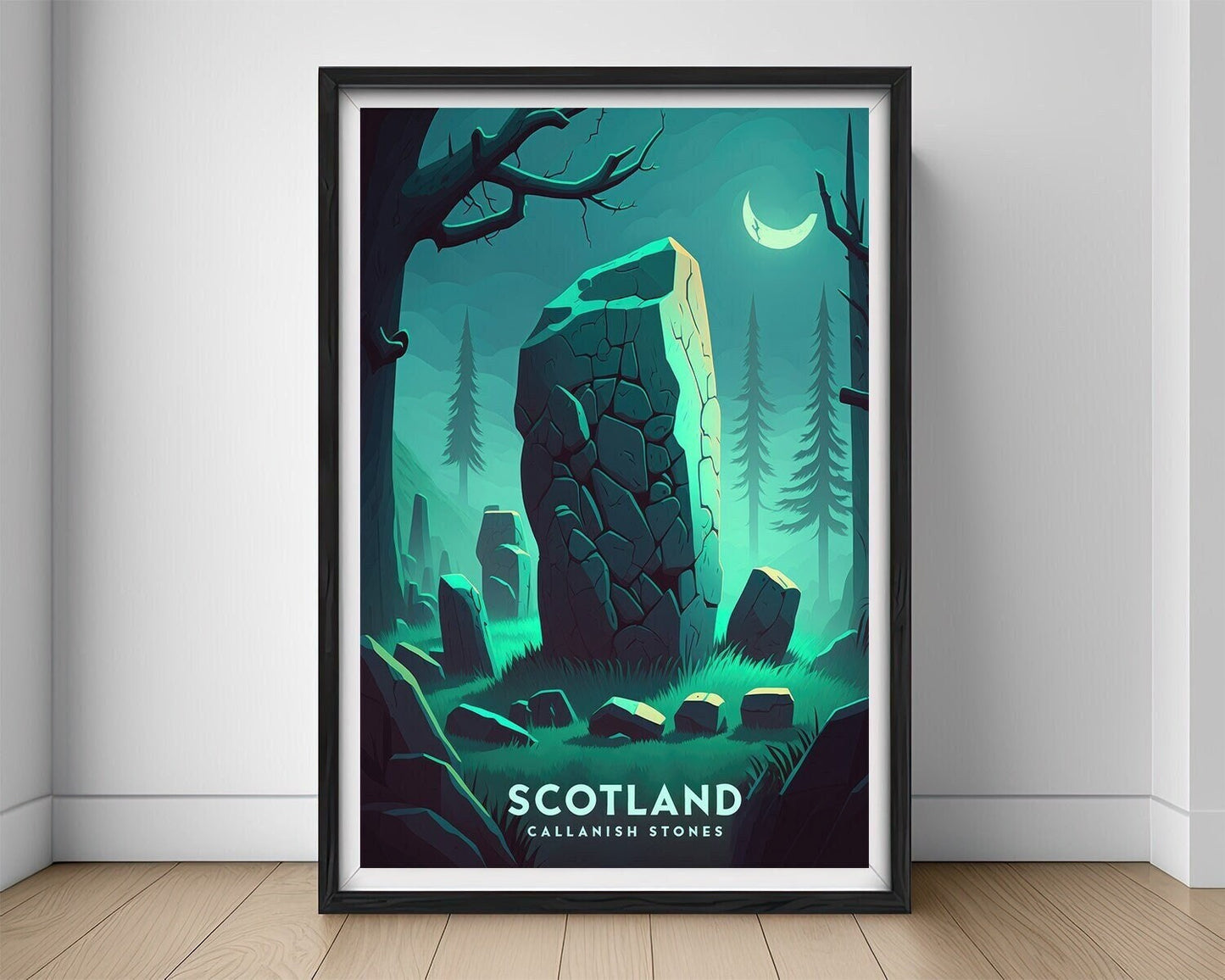 Framed Callanish Stone Scotland Travel Poster in Portrait orientation, minimal background, close up wall art print 1