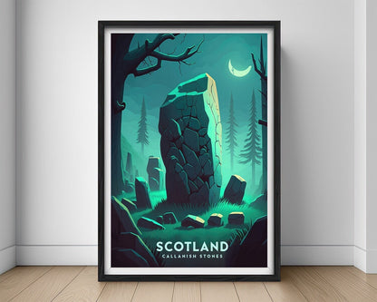 Framed Callanish Stone Scotland Travel Poster in Portrait orientation, minimal background, close up wall art print 1