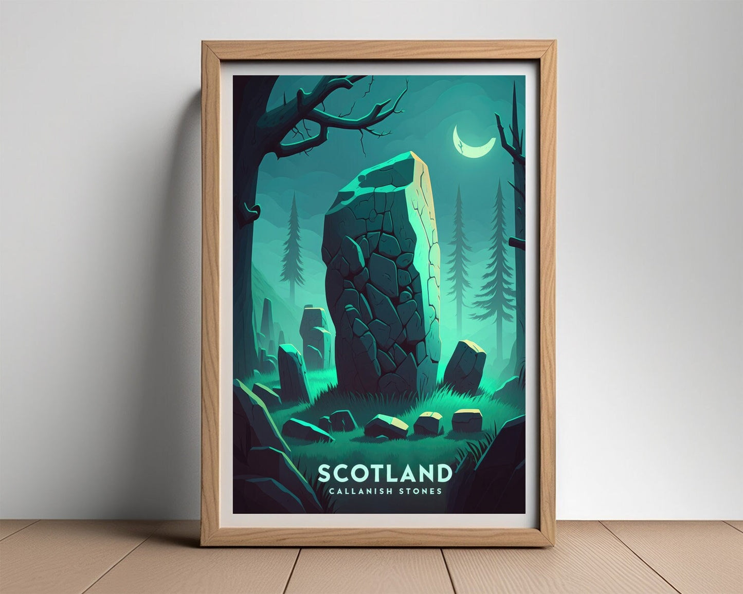 Framed Callanish Stone Scotland Travel Poster in Portrait orientation, minimal background, close up wall art print 2
