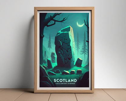 Framed Callanish Stone Scotland Travel Poster in Portrait orientation, minimal background, close up wall art print 2