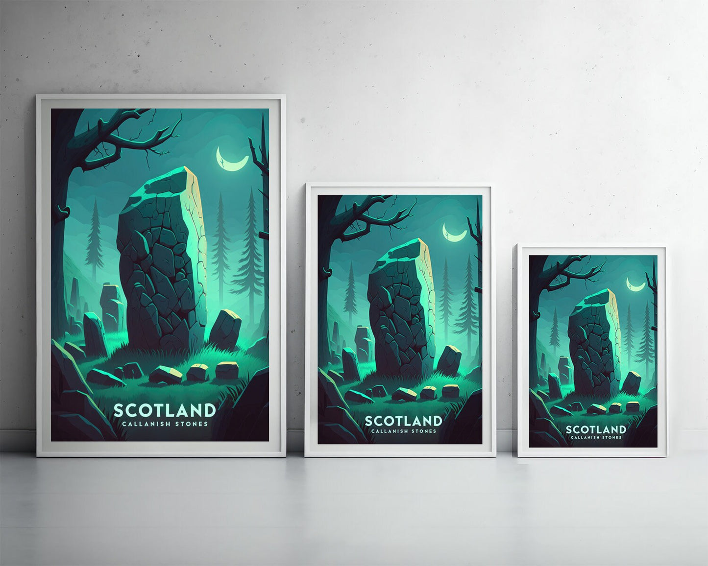 Framed Callanish Stone Scotland Travel Poster in Portrait orientation, minimal background, close up wall art print 3