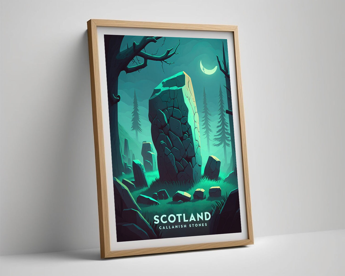 Framed Callanish Stone Scotland Travel Poster in Portrait orientation, minimal background, close up wall art print 4
