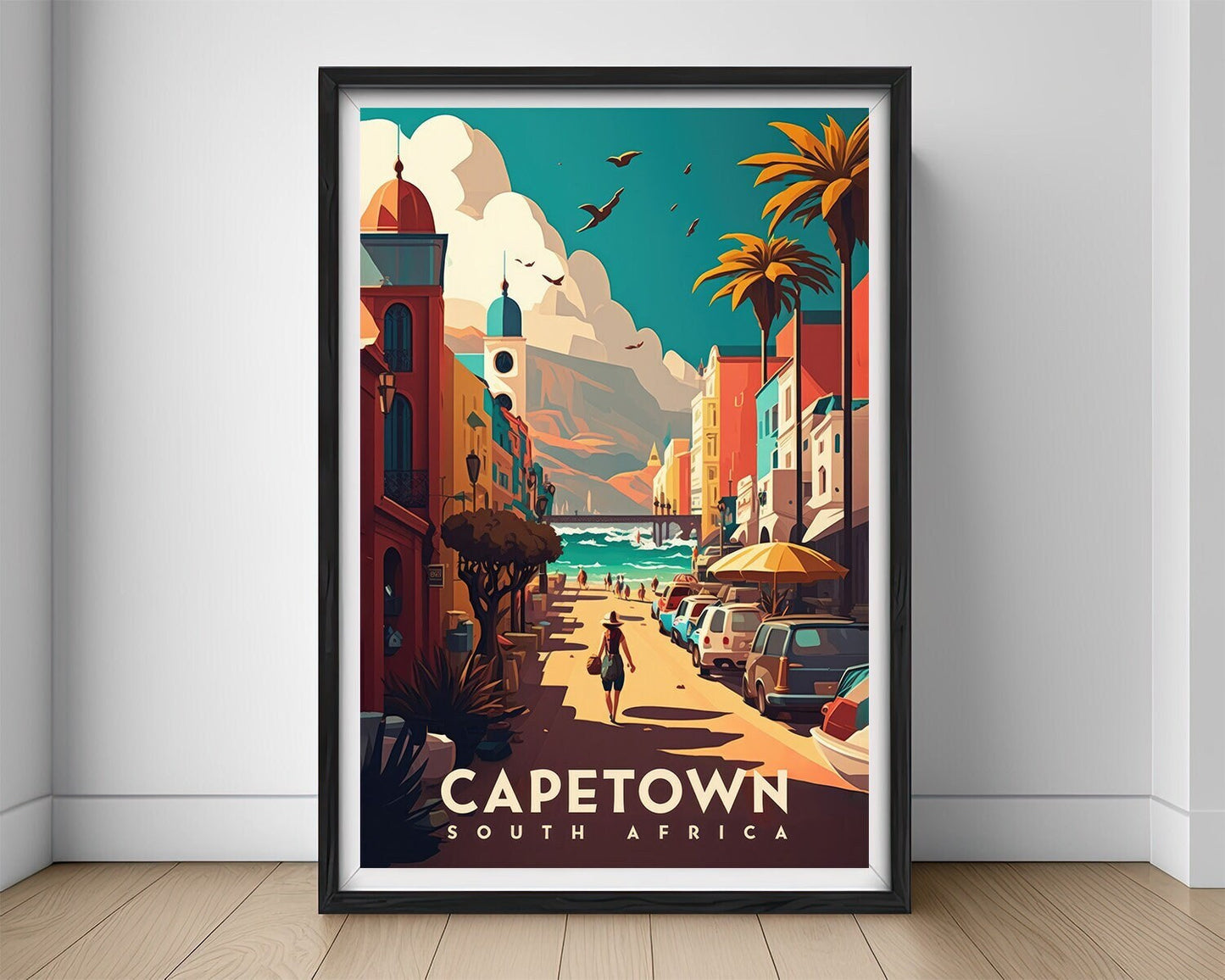 Framed Capetown South Africa Travel Poster in Portrait orientation, minimal background, close up wall art print 1