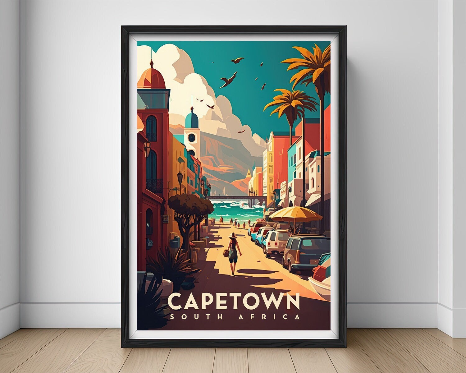 Framed Capetown South Africa Travel Poster in Portrait orientation, minimal background, close up wall art print 1