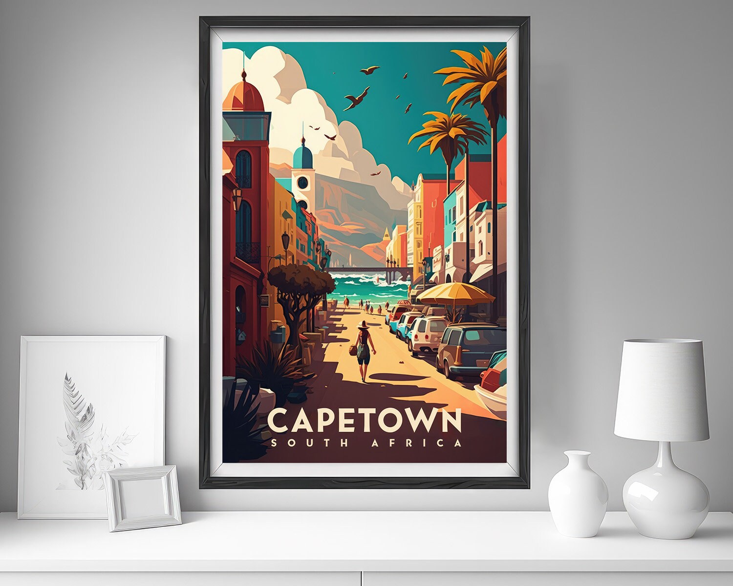 Framed Capetown South Africa Travel Poster in Portrait orientation, minimal background, close up wall art print 5