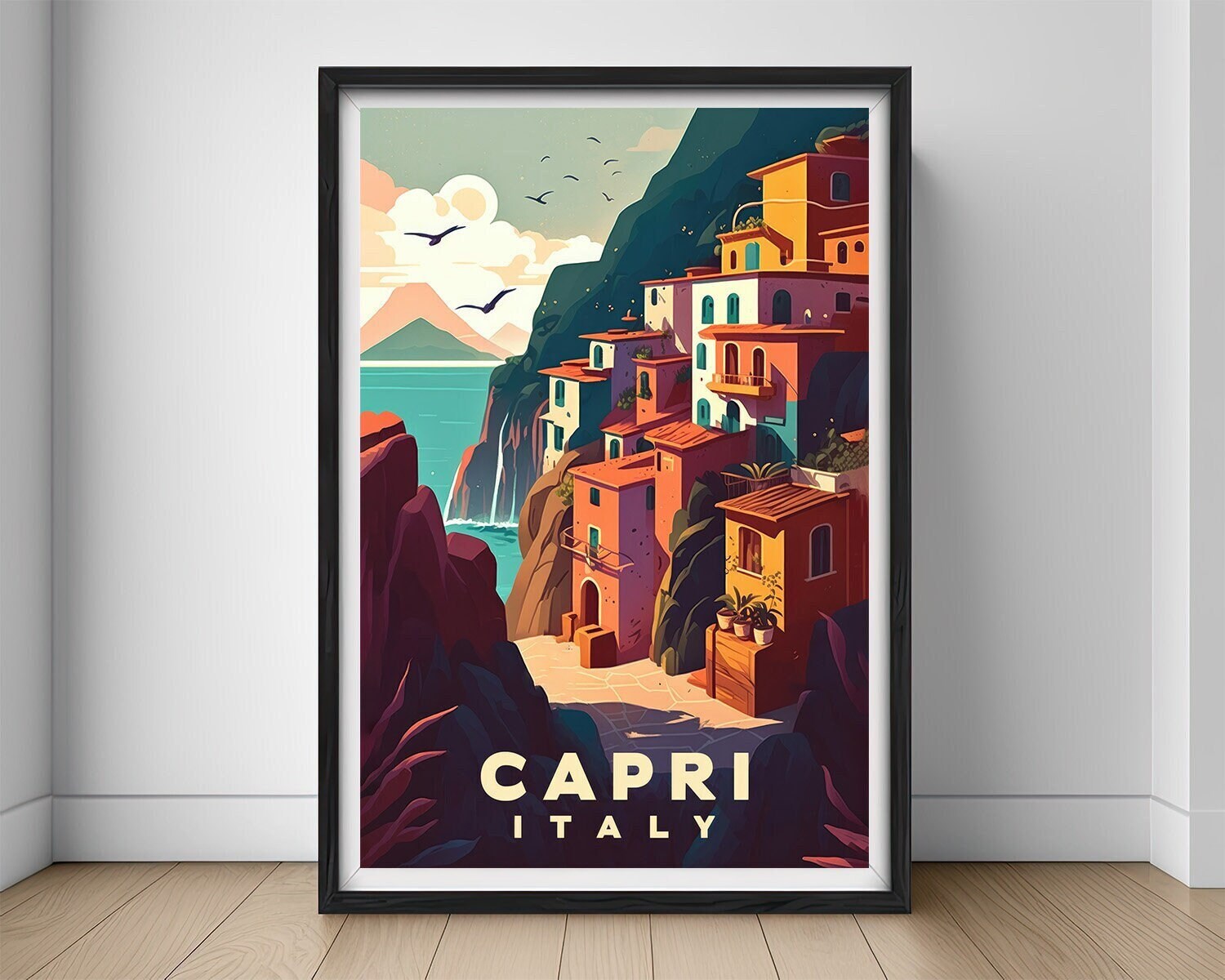 Framed Capri Italy Travel Poster in Portrait orientation, minimal background, close up wall art print 1