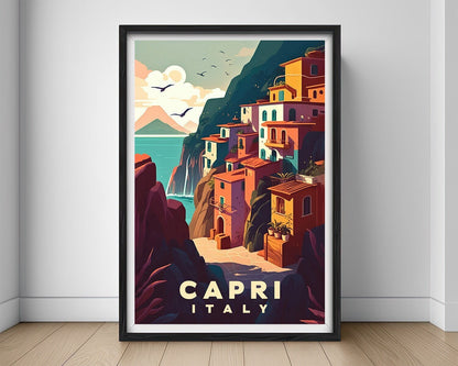 Framed Capri Italy Travel Poster in Portrait orientation, minimal background, close up wall art print 1