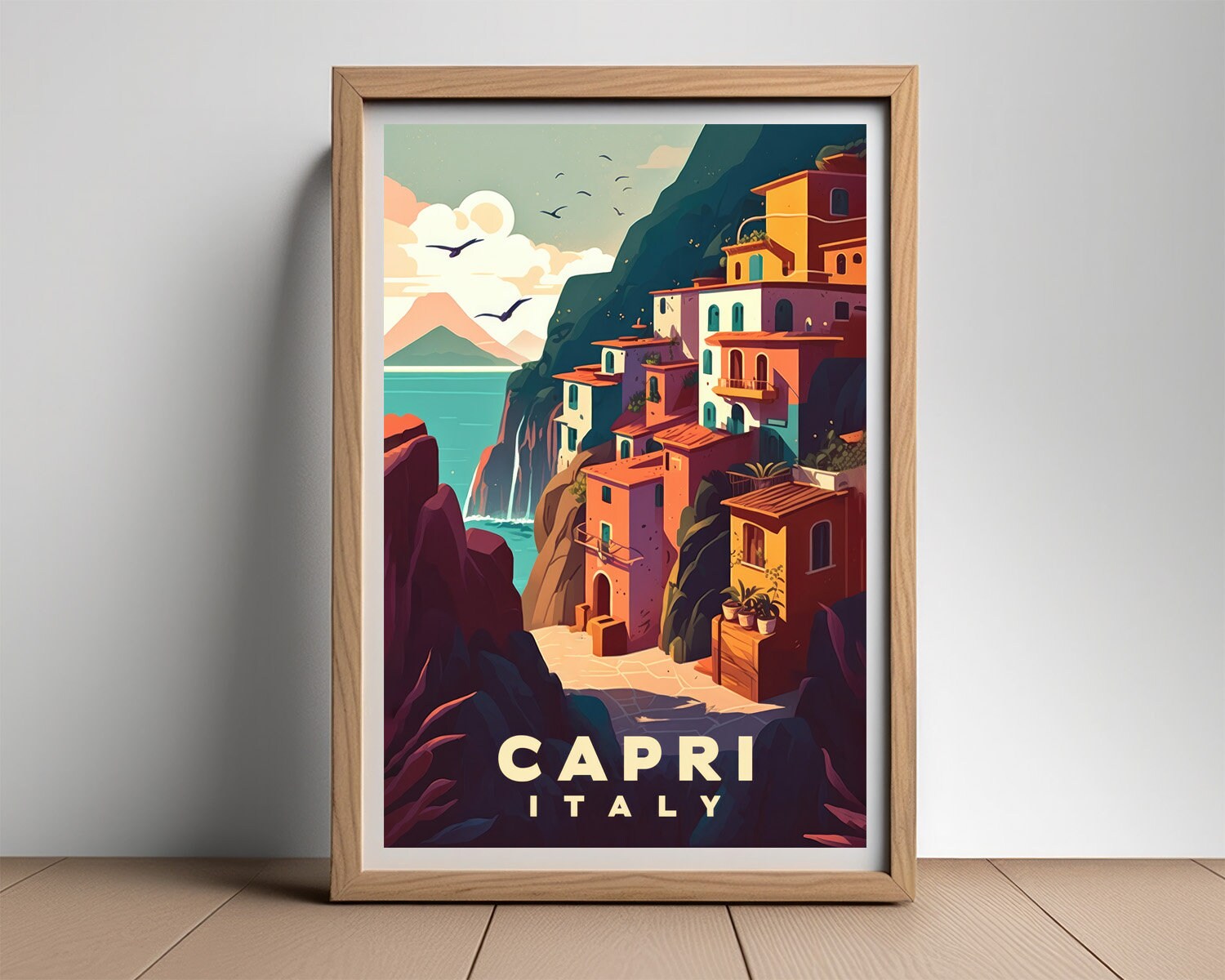 Framed Capri Italy Travel Poster in Portrait orientation, minimal background, close up wall art print 2