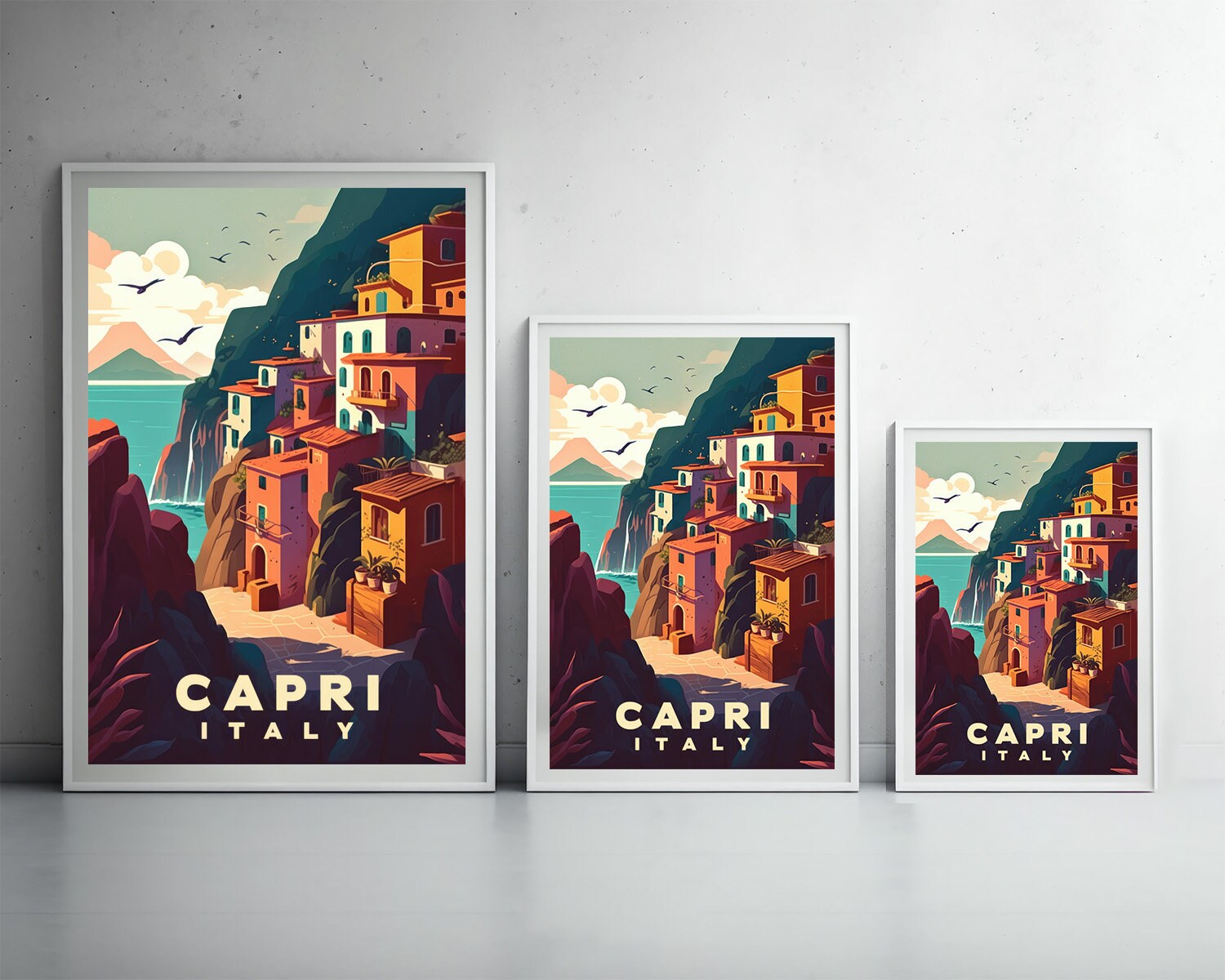 Framed Capri Italy Travel Poster in Portrait orientation, minimal background, close up wall art print 3