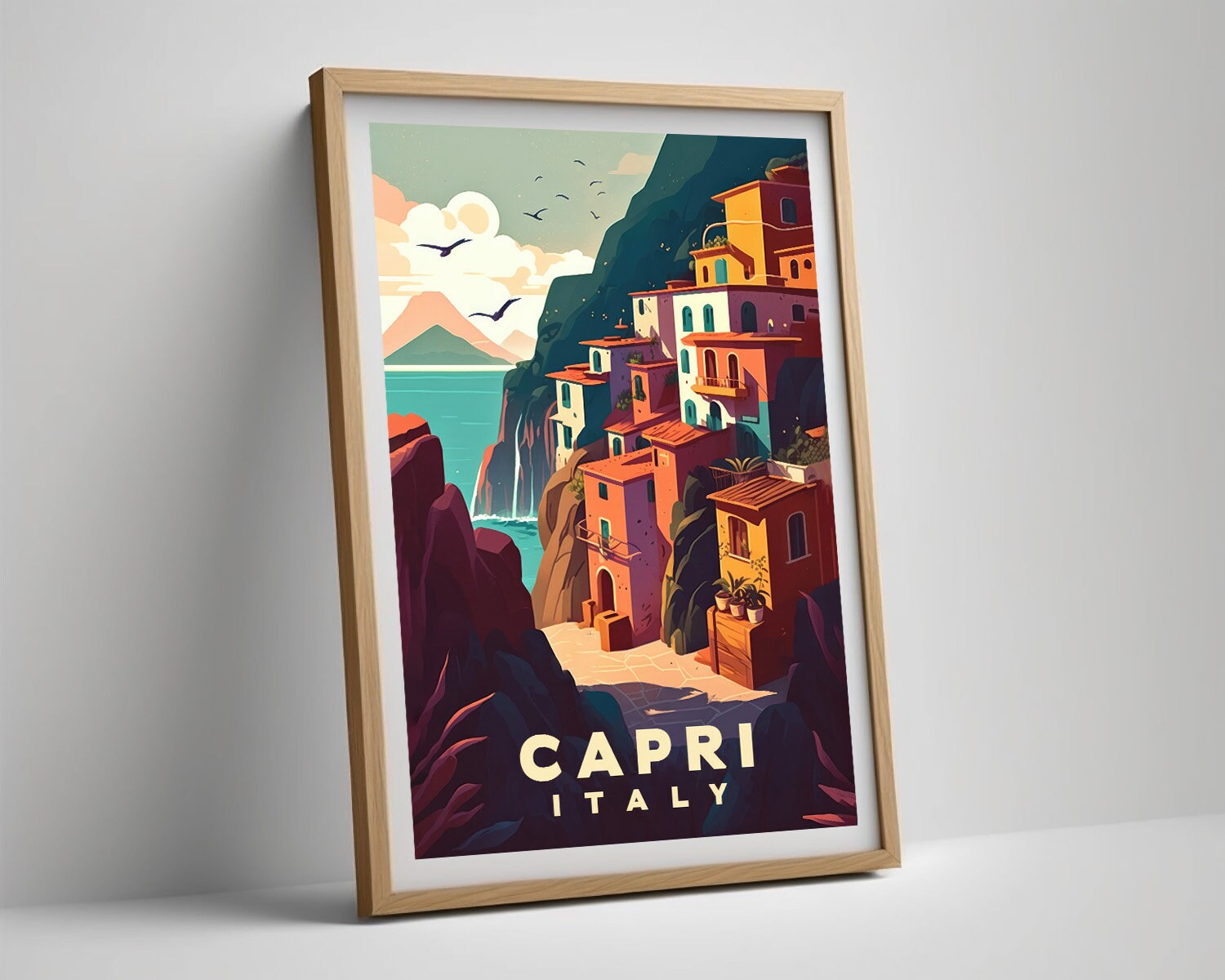 Framed Capri Italy Travel Poster in Portrait orientation, minimal background, close up wall art print 4