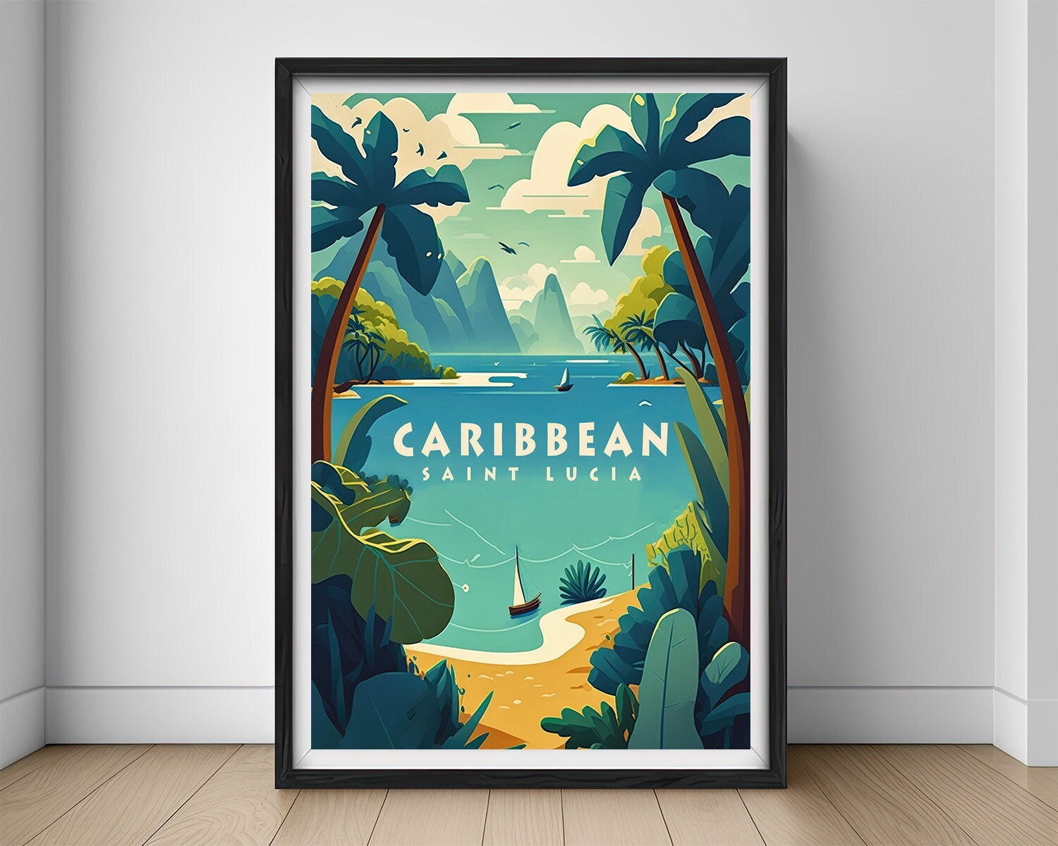 Framed Caribbean Saint Lucia Travel Poster in Portrait orientation, minimal background, close up wall art print 1