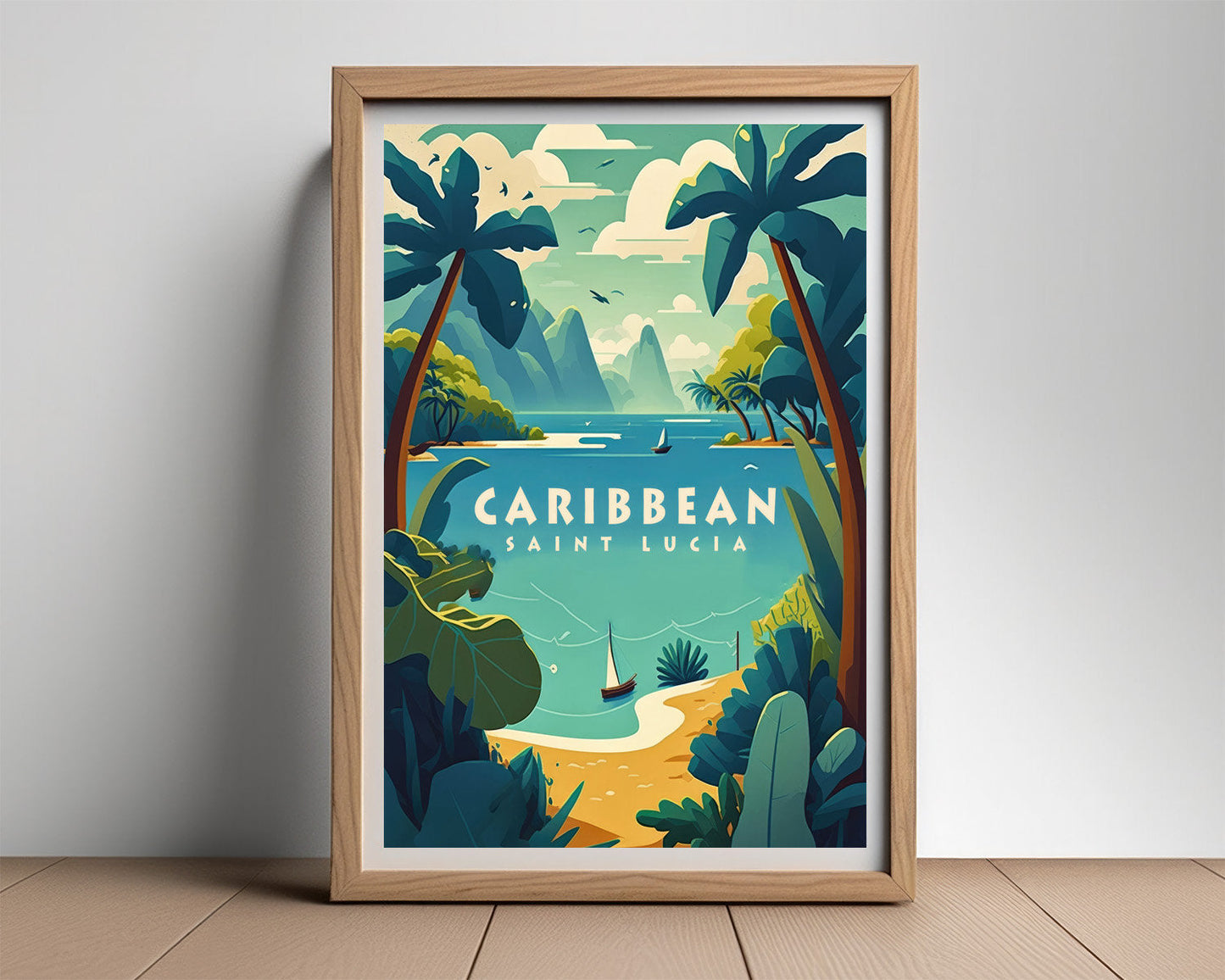 Framed Caribbean Saint Lucia Travel Poster in Portrait orientation, minimal background, close up wall art print 2