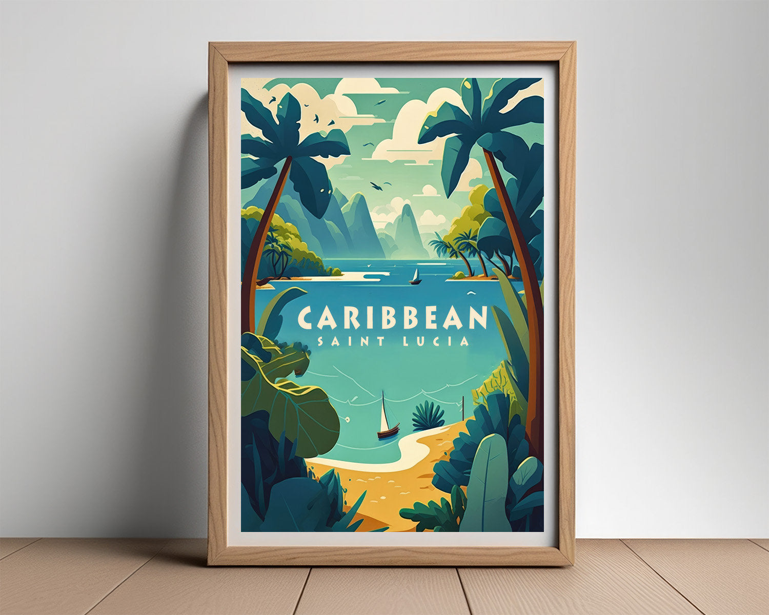 Framed Caribbean Saint Lucia Travel Poster in Portrait orientation, minimal background, close up wall art print 2