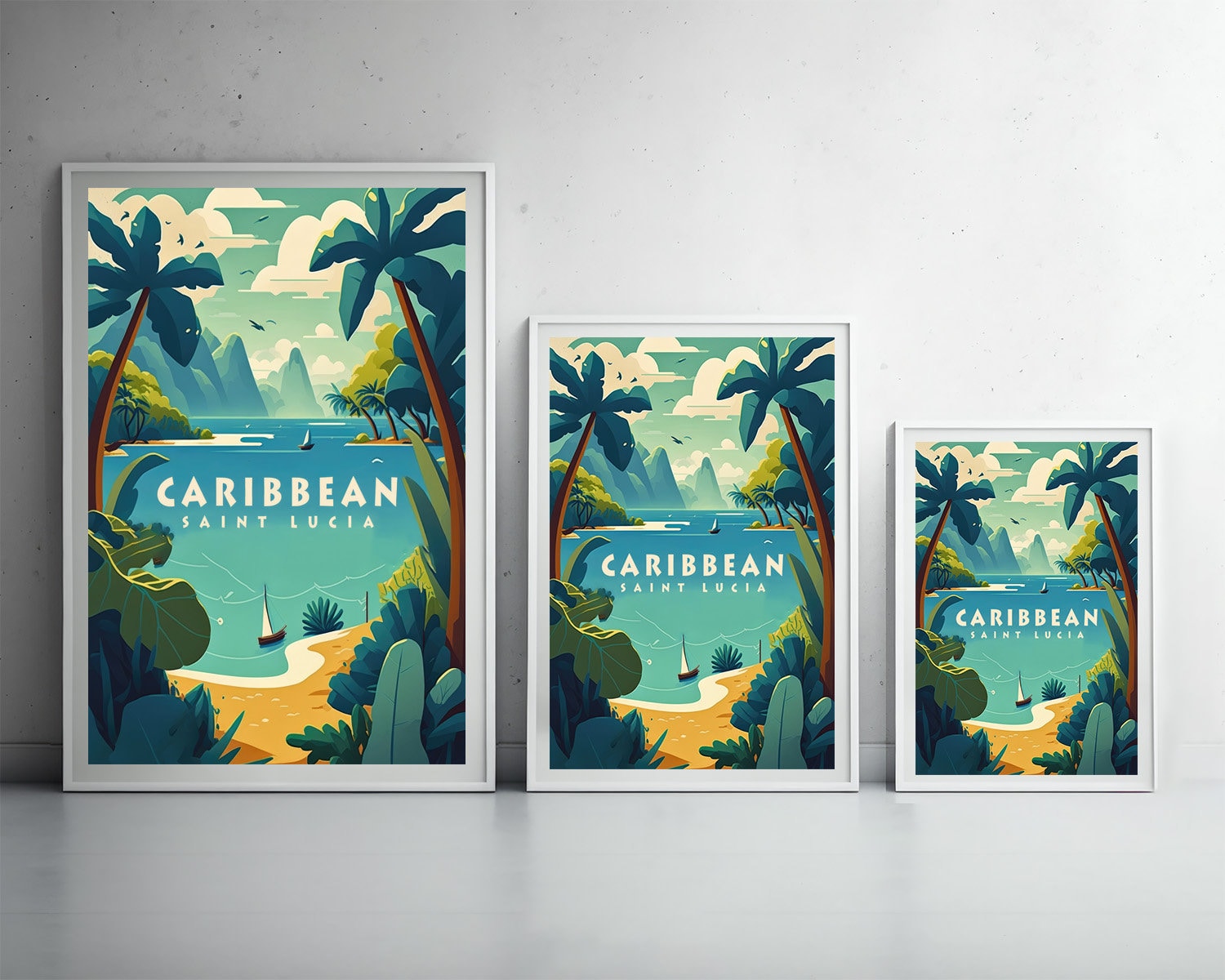 Framed Caribbean Saint Lucia Travel Poster in Portrait orientation, minimal background, close up wall art print 3