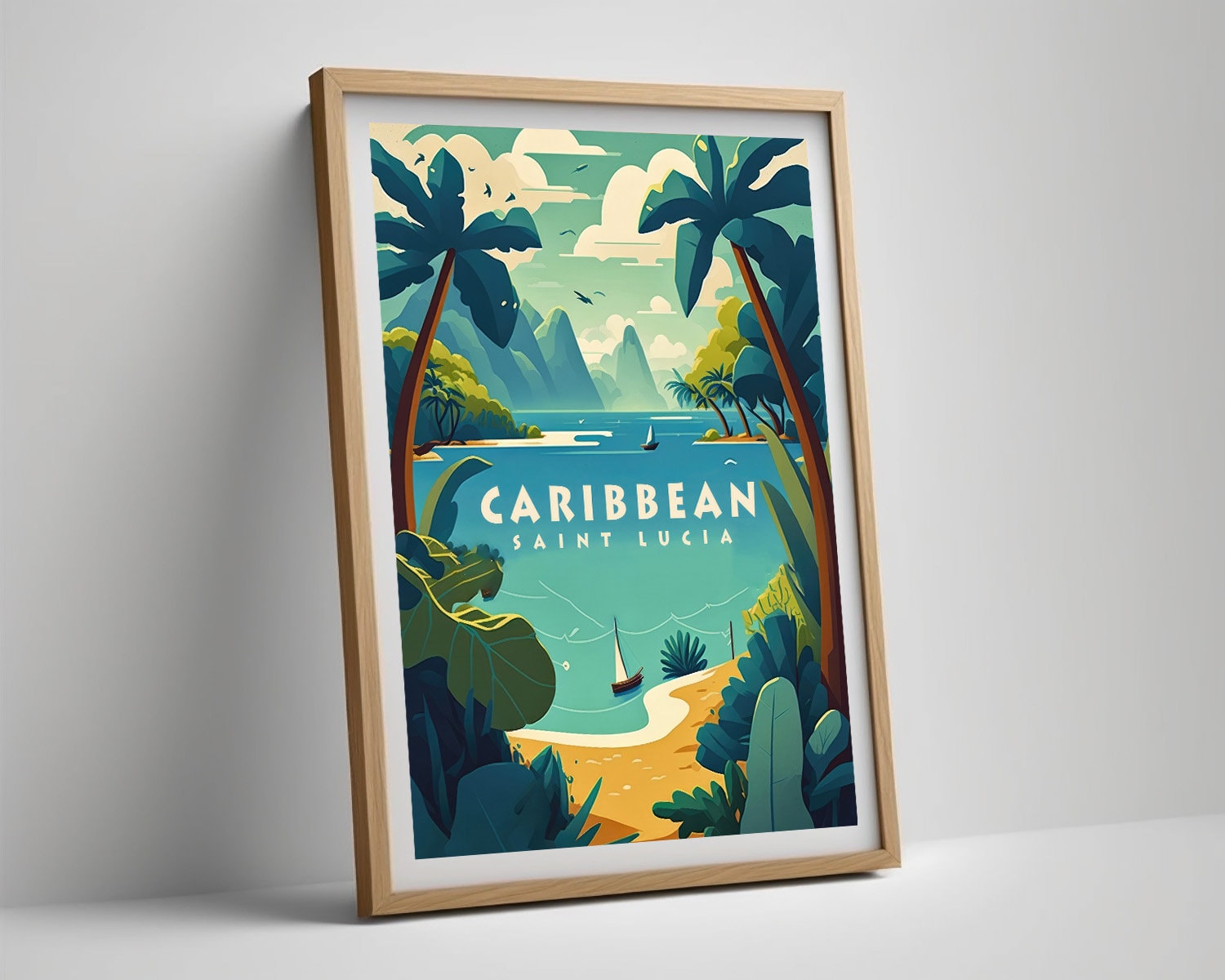Framed Caribbean Saint Lucia Travel Poster in Portrait orientation, minimal background, close up wall art print 4