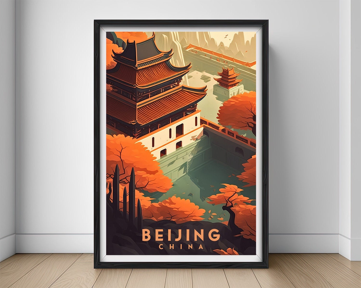 Framed China The Great Wall Of China Travel Poster in Portrait orientation, minimal background, close up wall art print 1