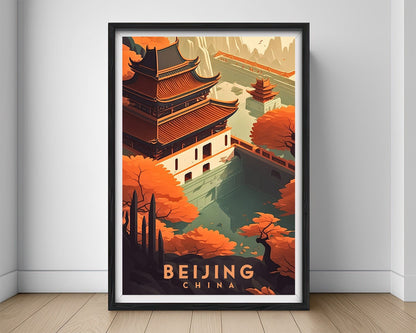 Framed China The Great Wall Of China Travel Poster in Portrait orientation, minimal background, close up wall art print 1
