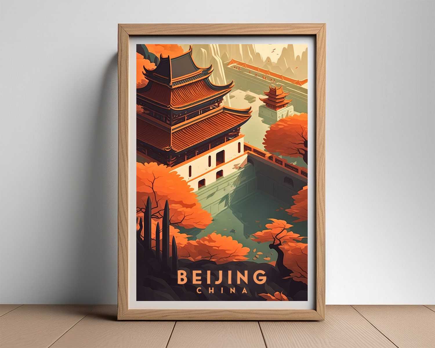 Framed China The Great Wall Of China Travel Poster in Portrait orientation, minimal background, close up wall art print 2