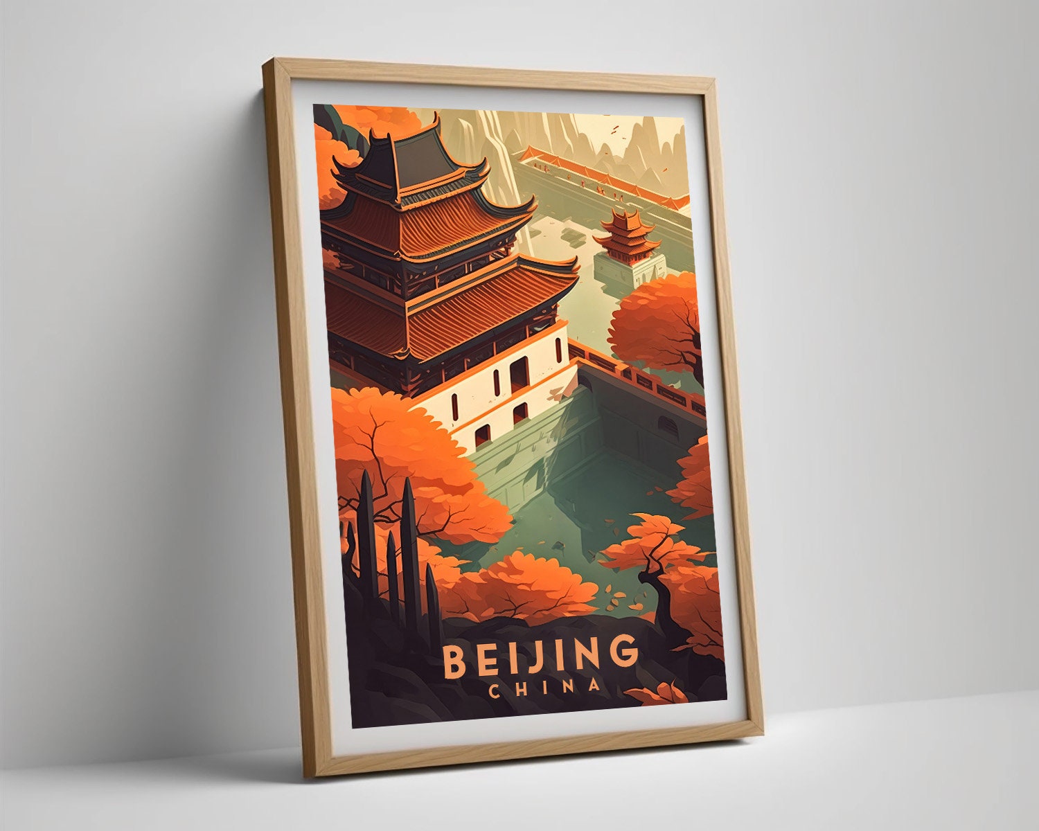 Framed China The Great Wall Of China Travel Poster in Portrait orientation, minimal background, close up wall art print 4