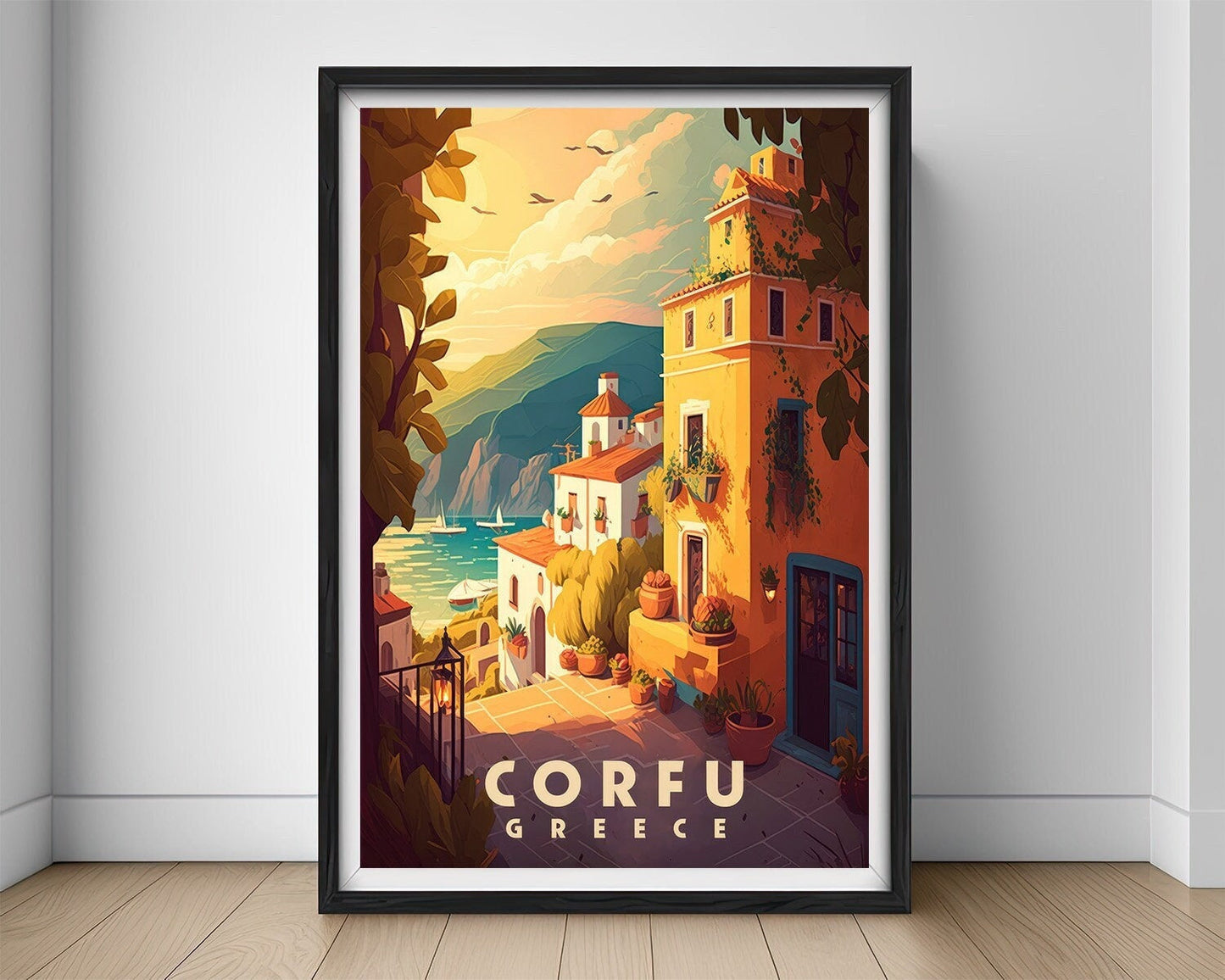 Framed Corfu Greece Europe Travel Poster in Portrait orientation, minimal background, close up wall art print 1