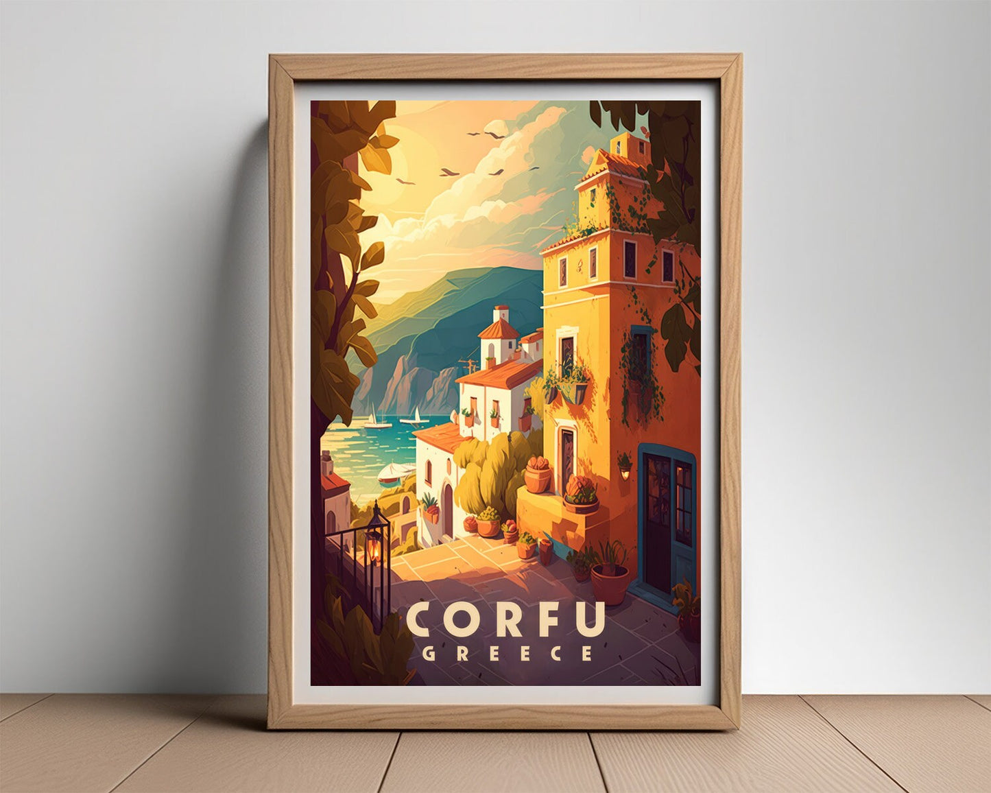 Framed Corfu Greece Europe Travel Poster in Portrait orientation, minimal background, close up wall art print 2
