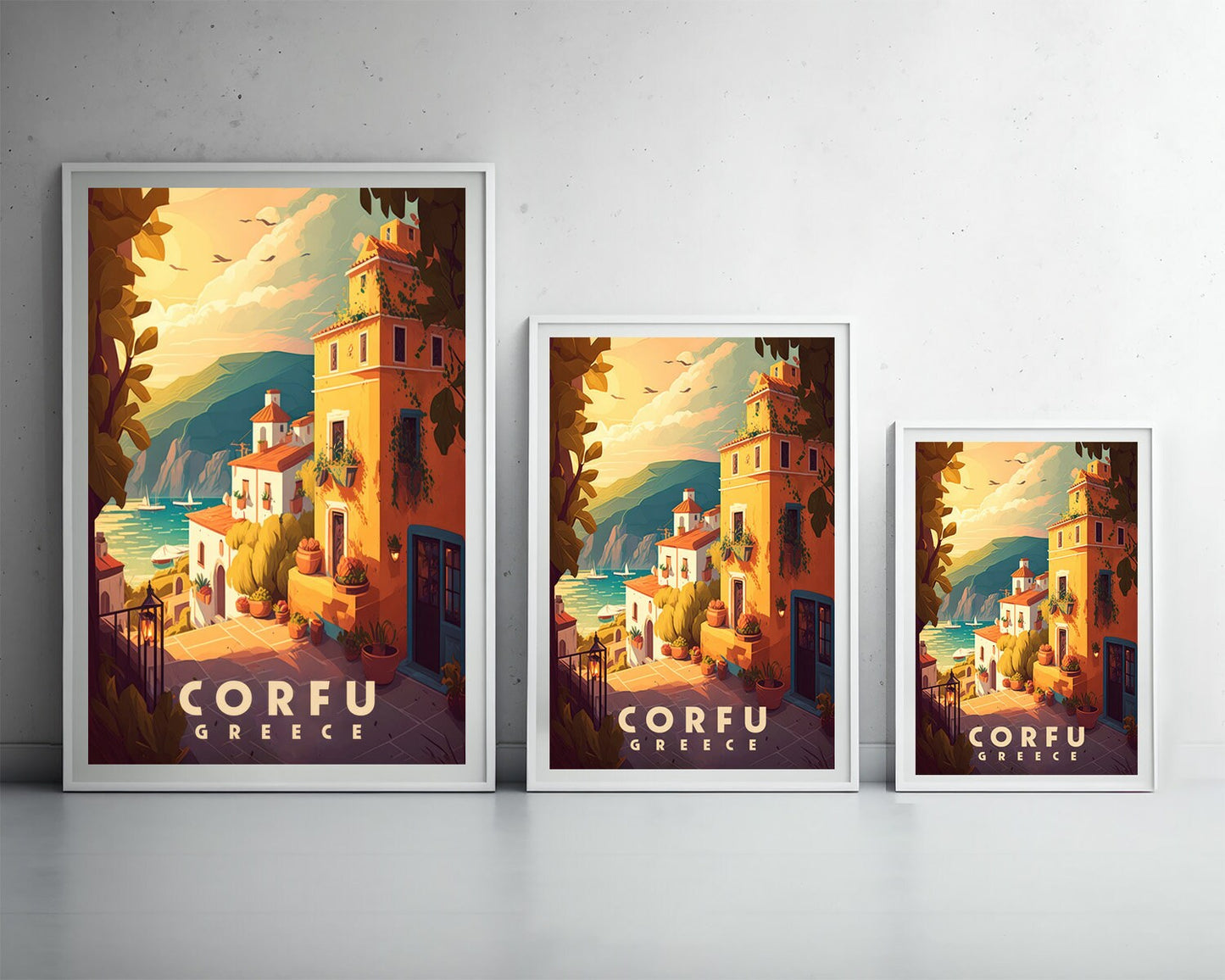 Framed Corfu Greece Europe Travel Poster in Portrait orientation, minimal background, close up wall art print 3