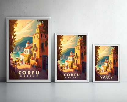Framed Corfu Greece Europe Travel Poster in Portrait orientation, minimal background, close up wall art print 3