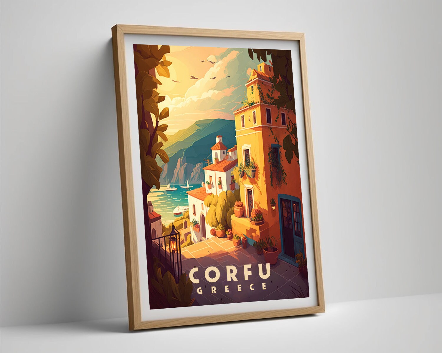 Framed Corfu Greece Europe Travel Poster in Portrait orientation, minimal background, close up wall art print 4