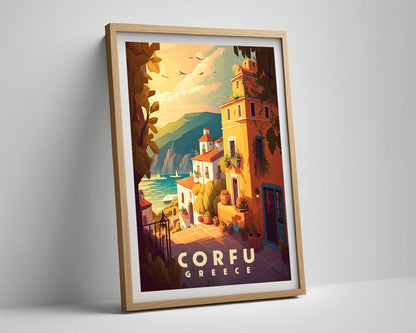 Framed Corfu Greece Europe Travel Poster in Portrait orientation, minimal background, close up wall art print 4