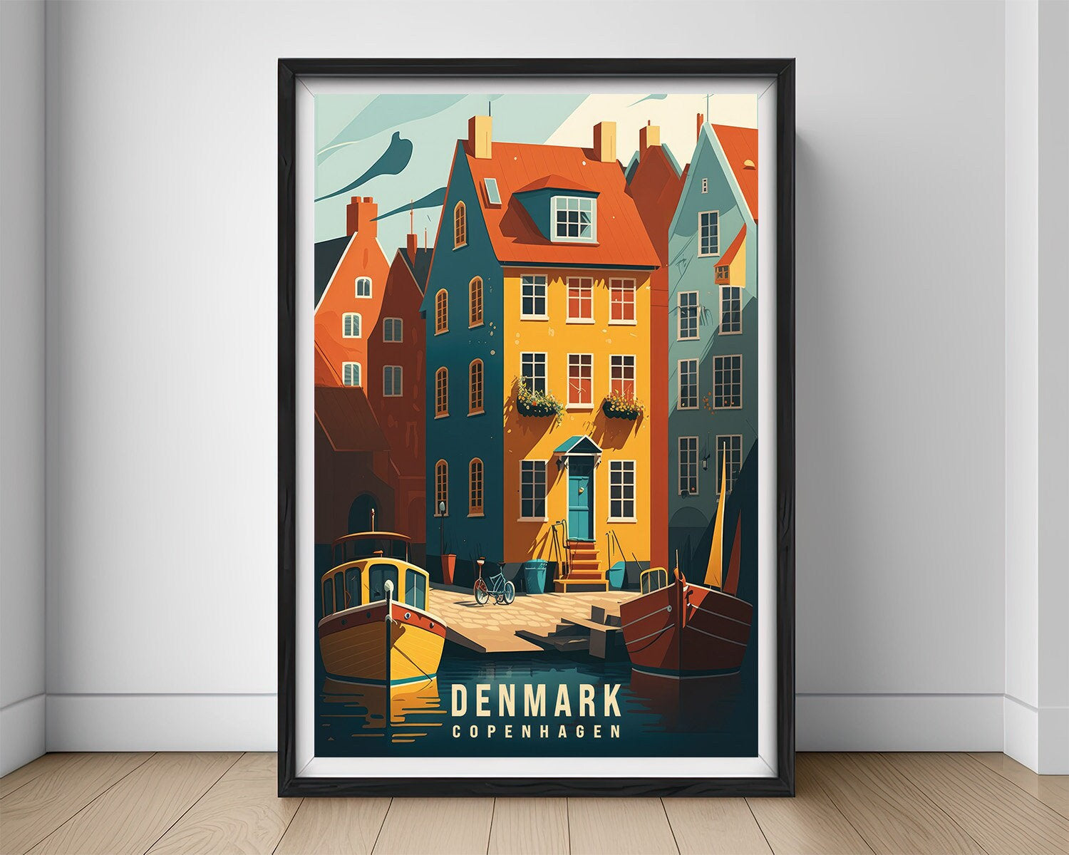 Framed Denmark Copenhagen Travel Poster in Portrait orientation, minimal background, close up wall art print 1