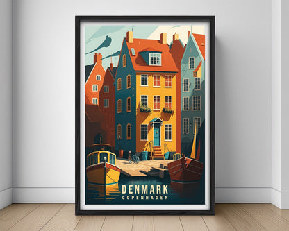 Framed Denmark Copenhagen Travel Poster in Portrait orientation, minimal background, close up wall art print 1