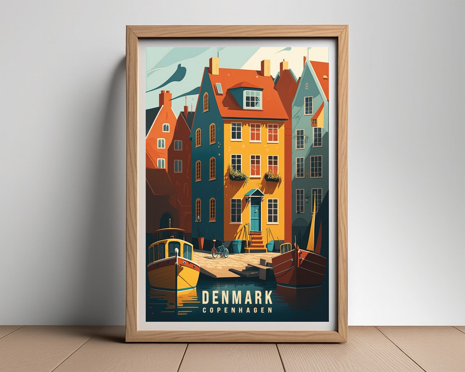 Framed Denmark Copenhagen Travel Poster in Portrait orientation, minimal background, close up wall art print 2
