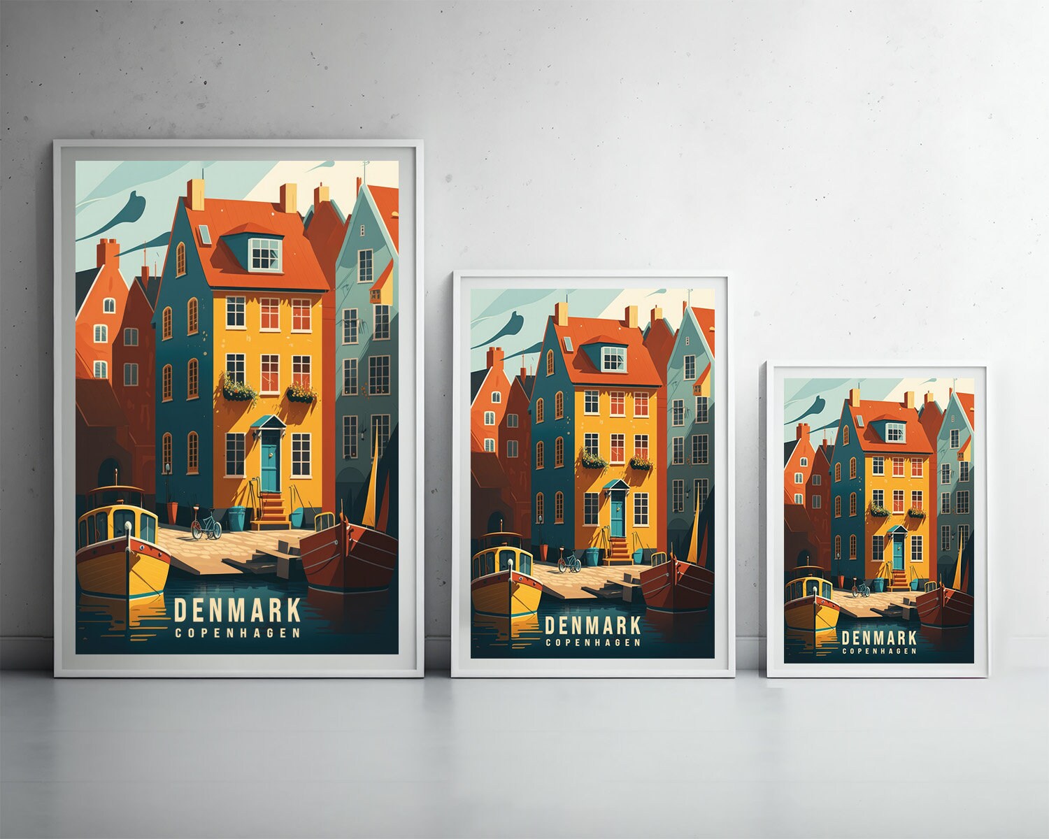 Framed Denmark Copenhagen Travel Poster in Portrait orientation, minimal background, close up wall art print 3