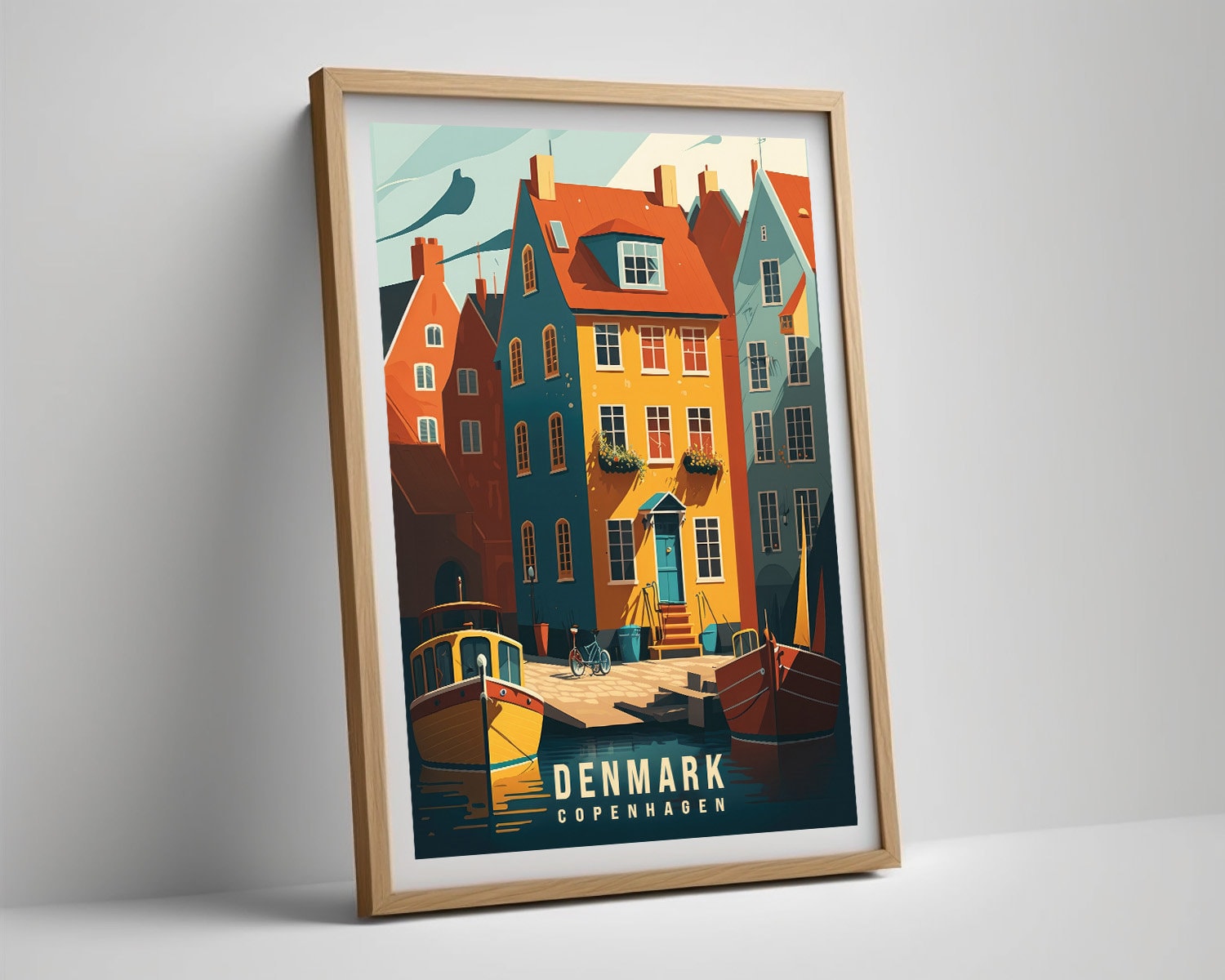 Framed Denmark Copenhagen Travel Poster in Portrait orientation, minimal background, close up wall art print 4