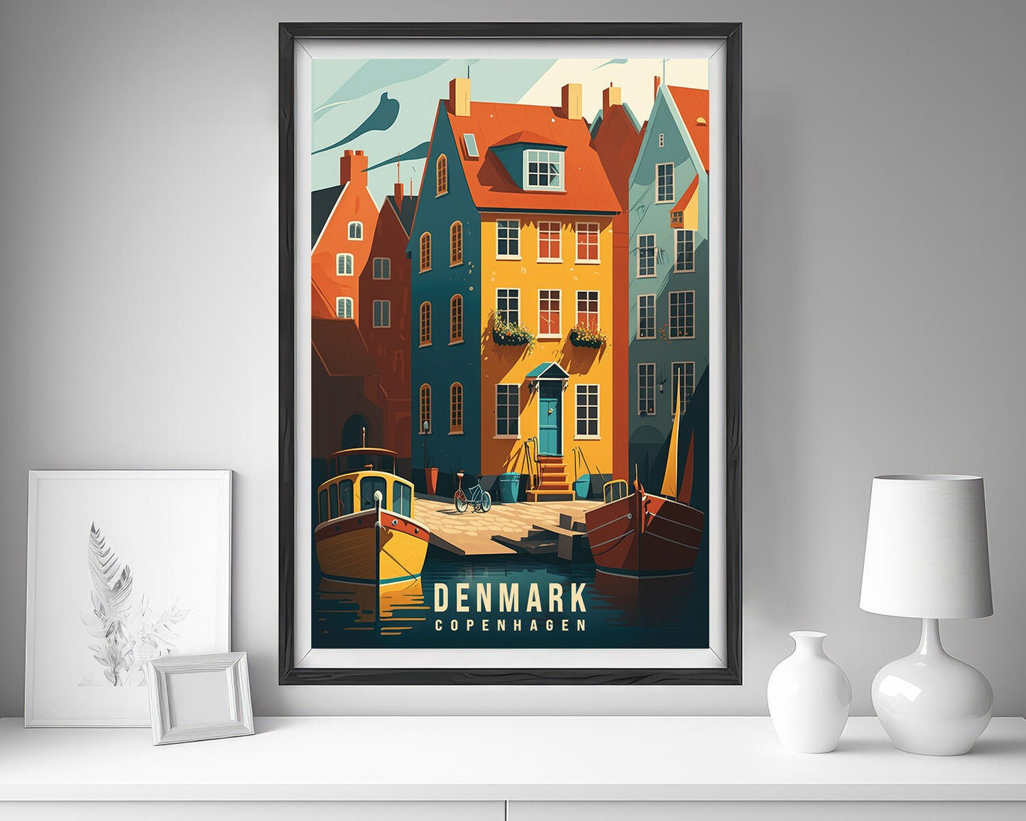 Framed Denmark Copenhagen Travel Poster in Portrait orientation, minimal background, close up wall art print 5