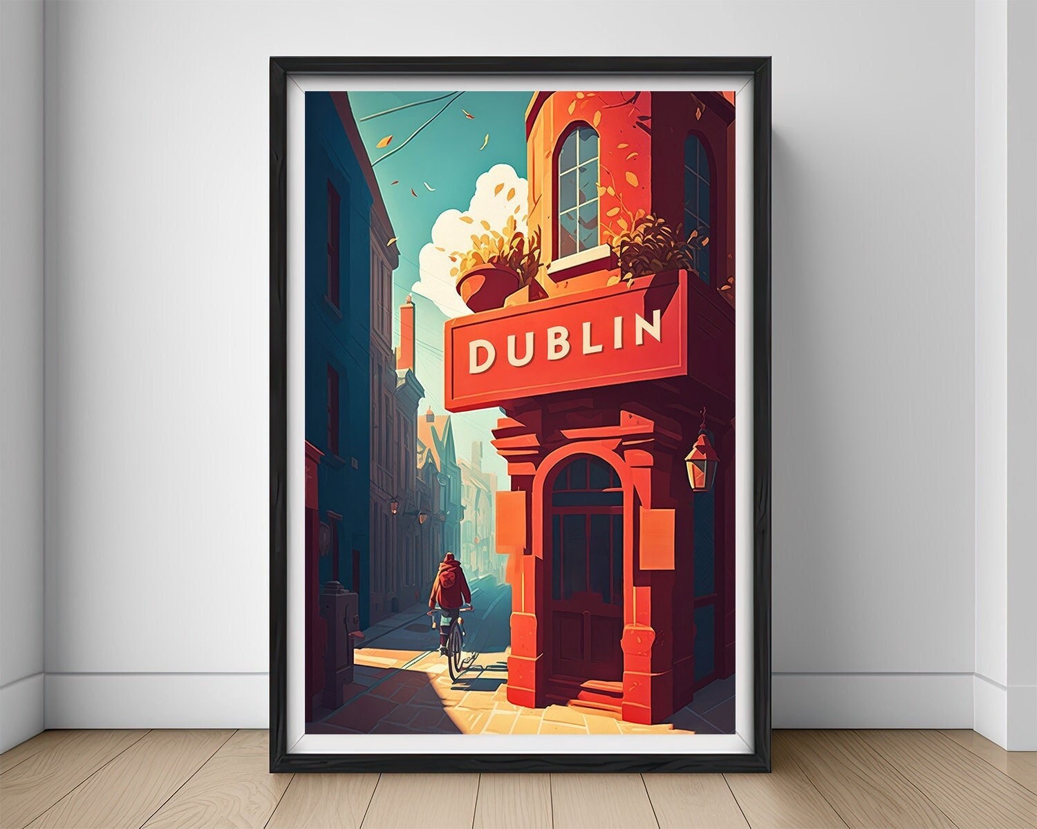 Framed Dublin Ireland Travel Poster in Portrait orientation, minimal background, close up wall art print 1