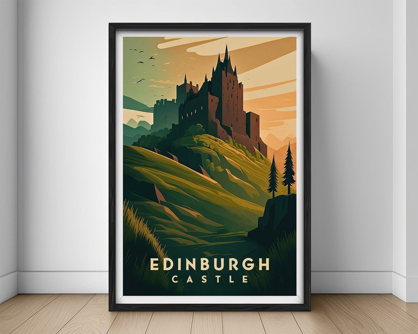 Framed Edinburgh Castle Scotland Travel Poster in Portrait orientation, minimal background, close up wall art print 1