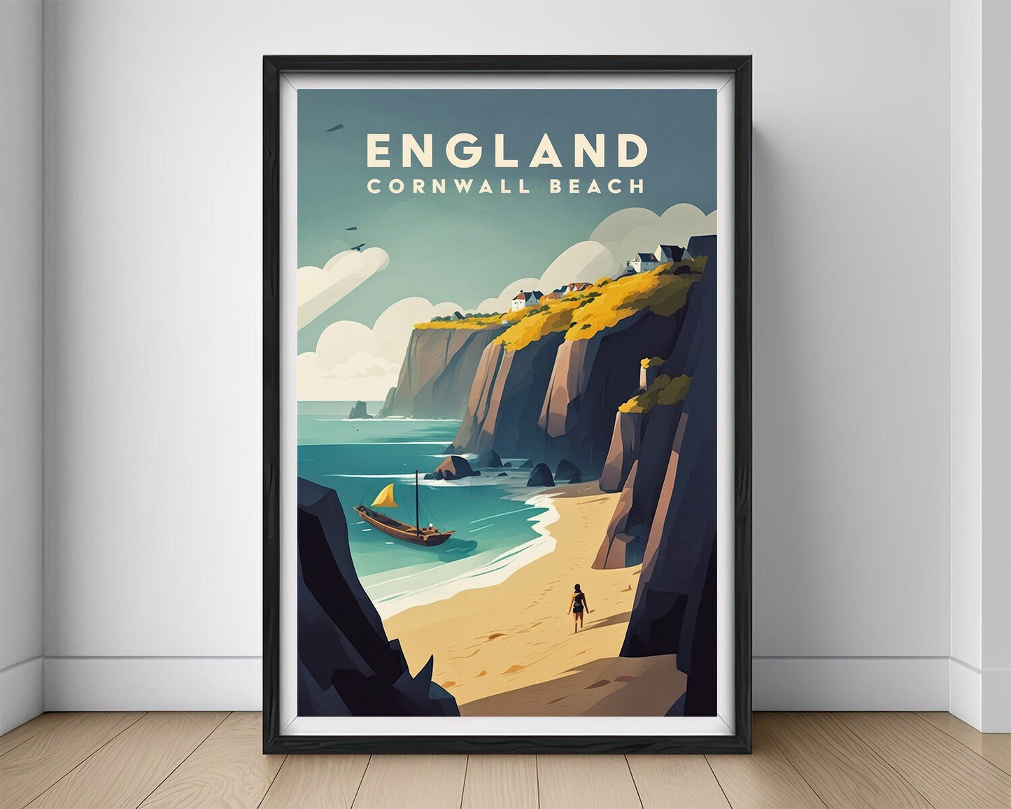 Framed England Cornwall Beach Travel Poster in Portrait orientation, minimal background, close up wall art print 1