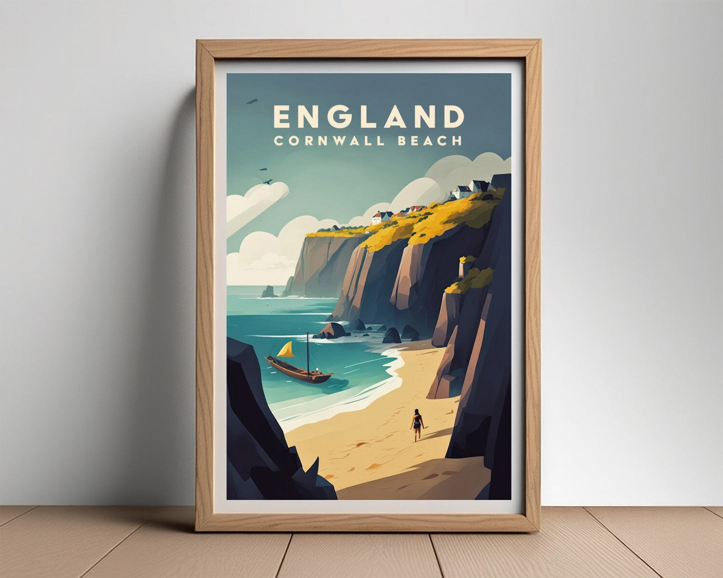 Framed England Cornwall Beach Travel Poster in Portrait orientation, minimal background, close up wall art print 2
