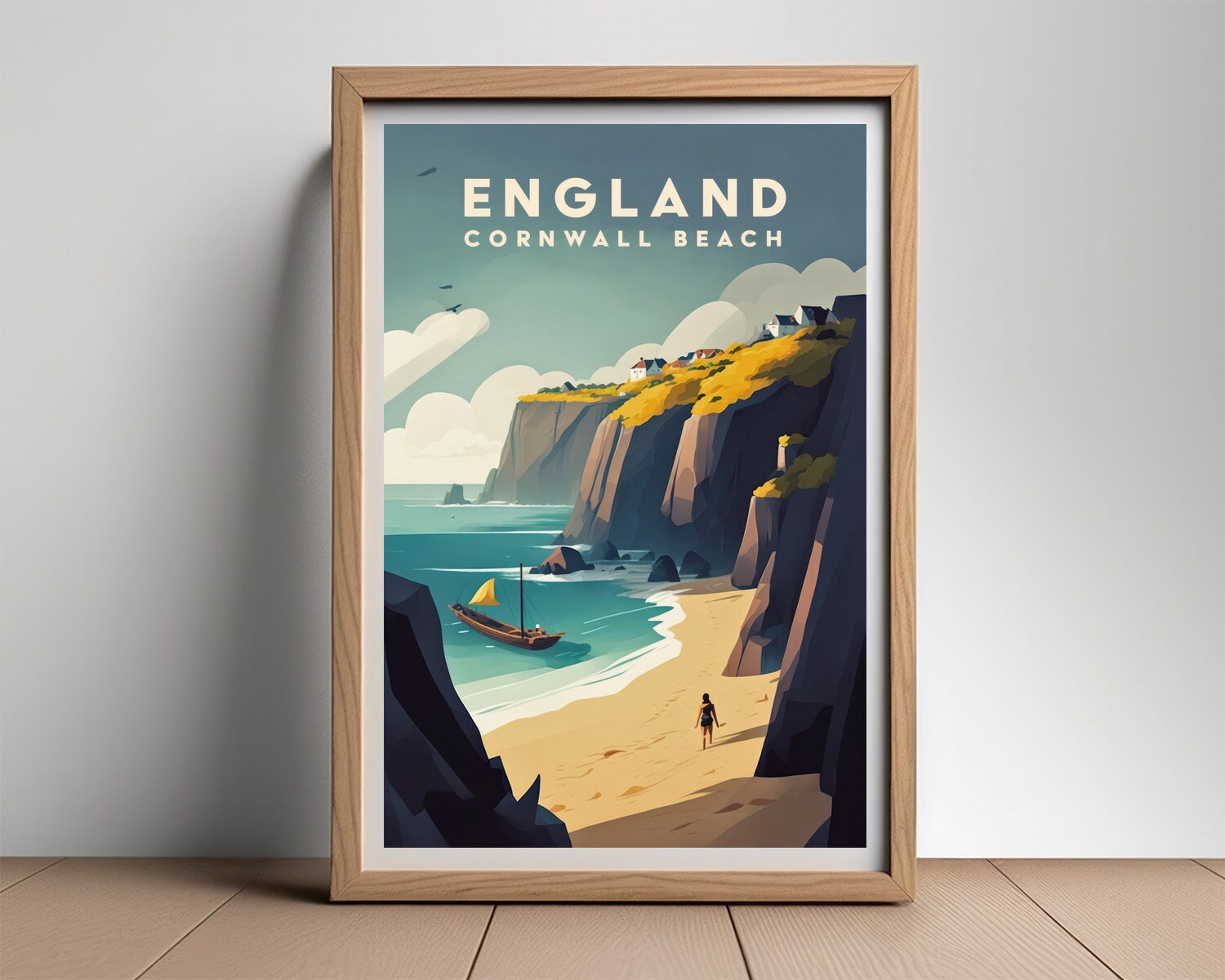 Framed England Cornwall Beach Travel Poster in Portrait orientation, minimal background, close up wall art print 2