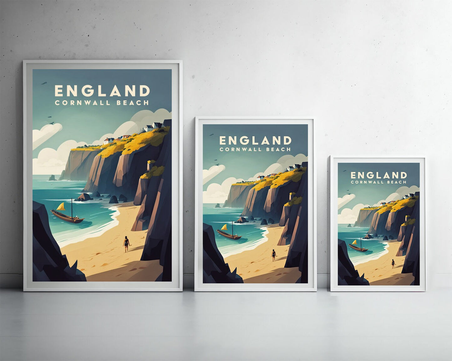 Framed England Cornwall Beach Travel Poster in Portrait orientation, minimal background, close up wall art print 3